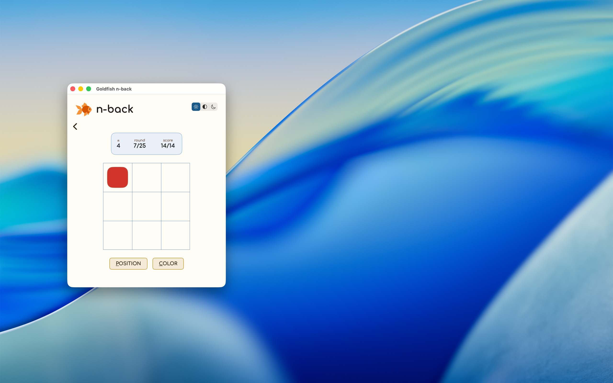 A round in progress using colors instead of numbers, with position and color match buttons