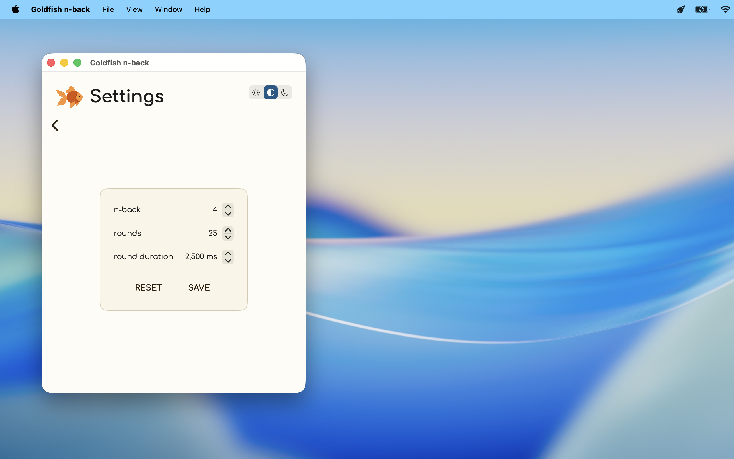The settings panel for n-back level, rounds, and round duration
